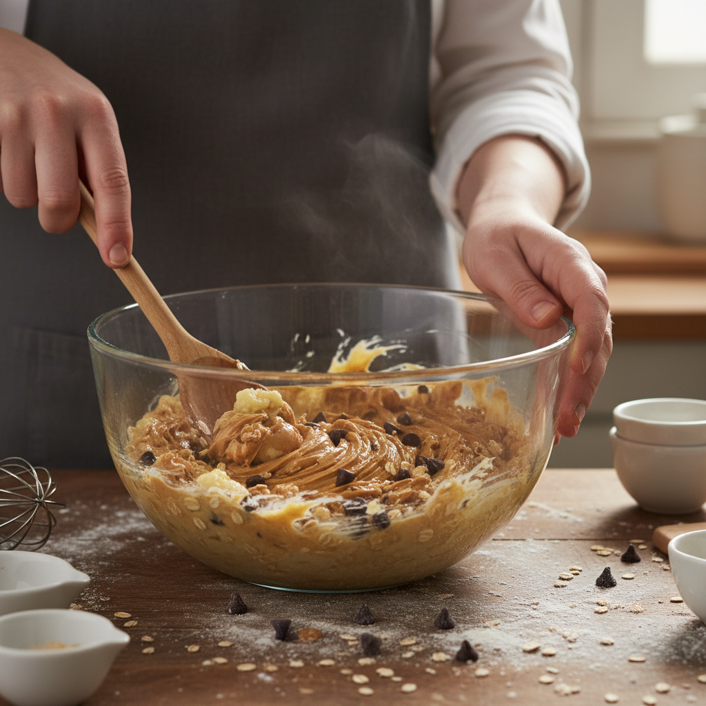 Mixing banana oatmeal ingredients in bowl