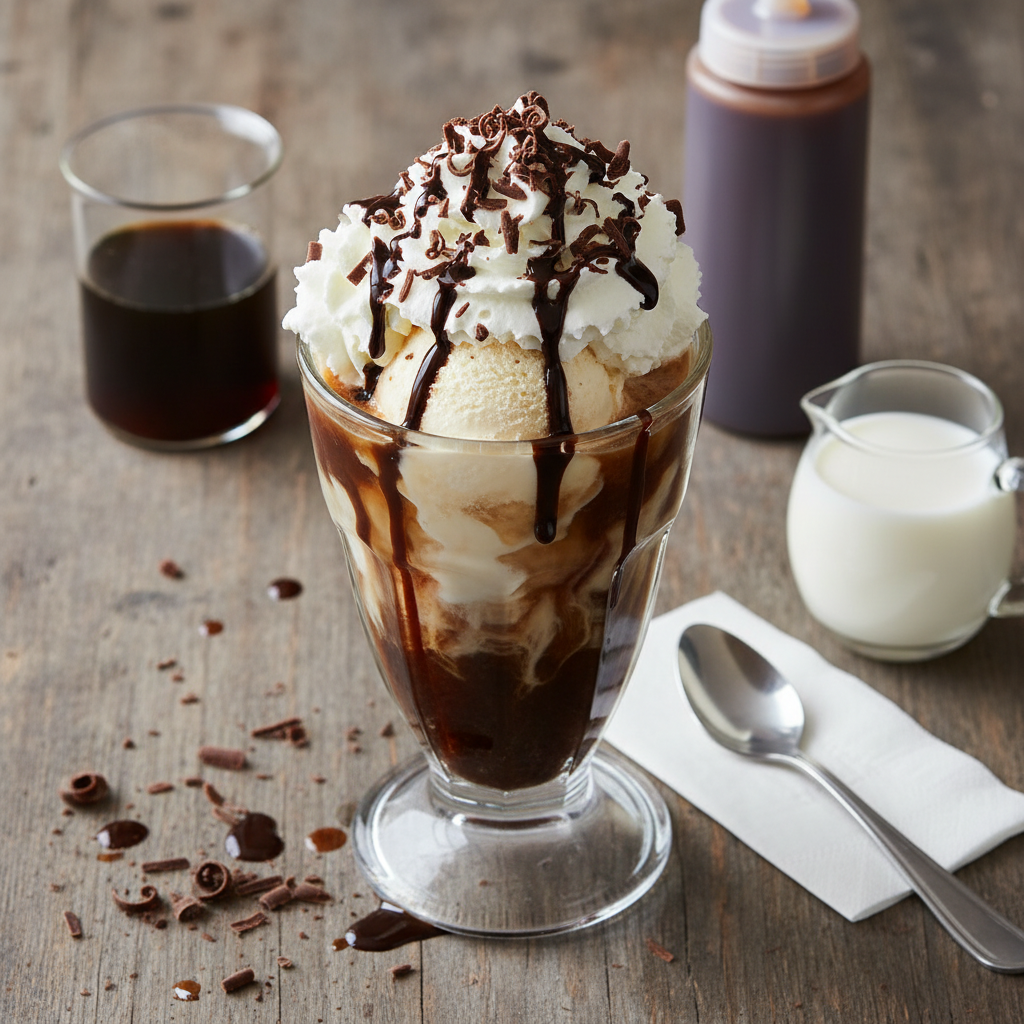 Ingredients for chocolate coffee milkshake including ice cream and cold brew