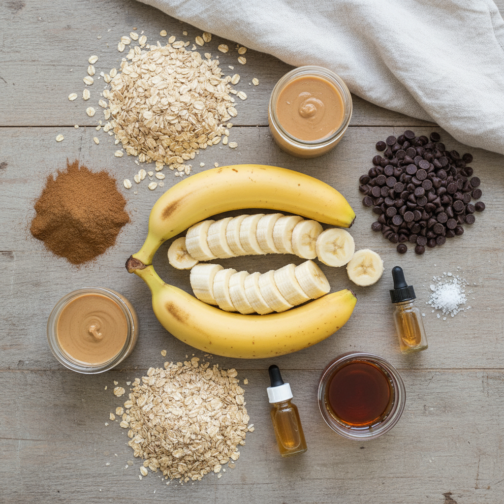 Ingredients for banana oatmeal bars arranged