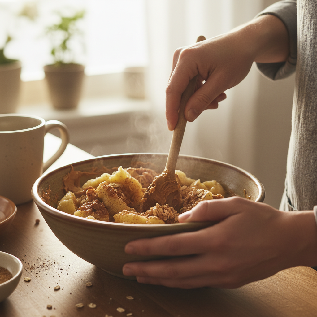 Mixing wet and dry ingredients for Banana Peanut Butter Oatmeal Bars