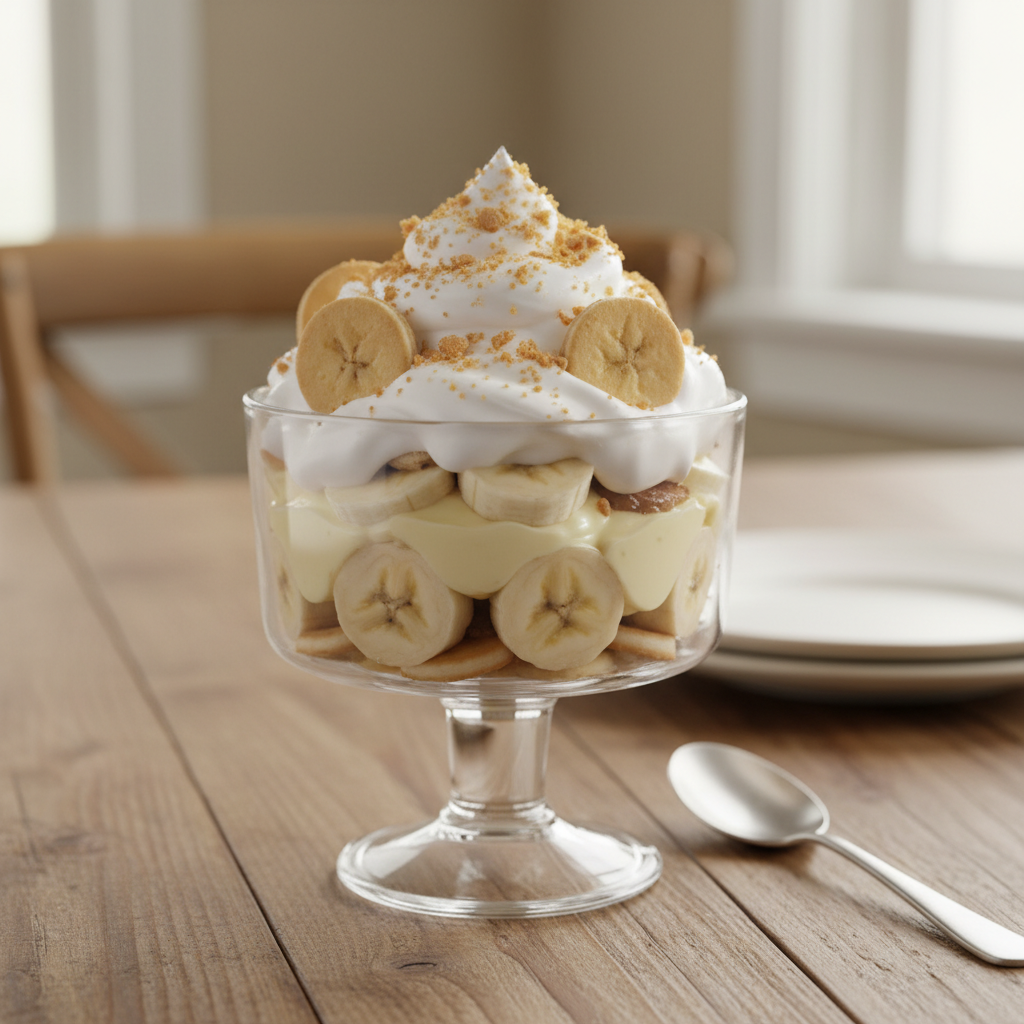 Beautiful layered banana pudding trifle closeup