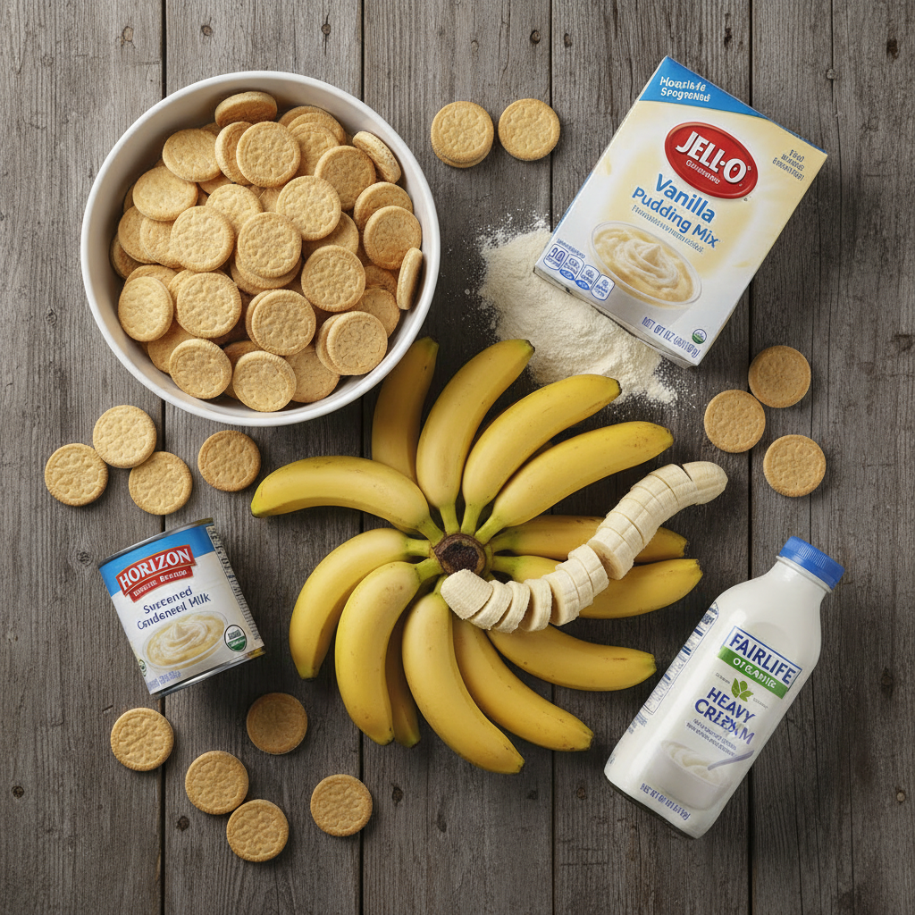 Ingredients for banana pudding trifle displayed on table