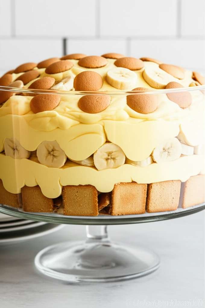 Banana pudding trifle with layers of bananas and wafers