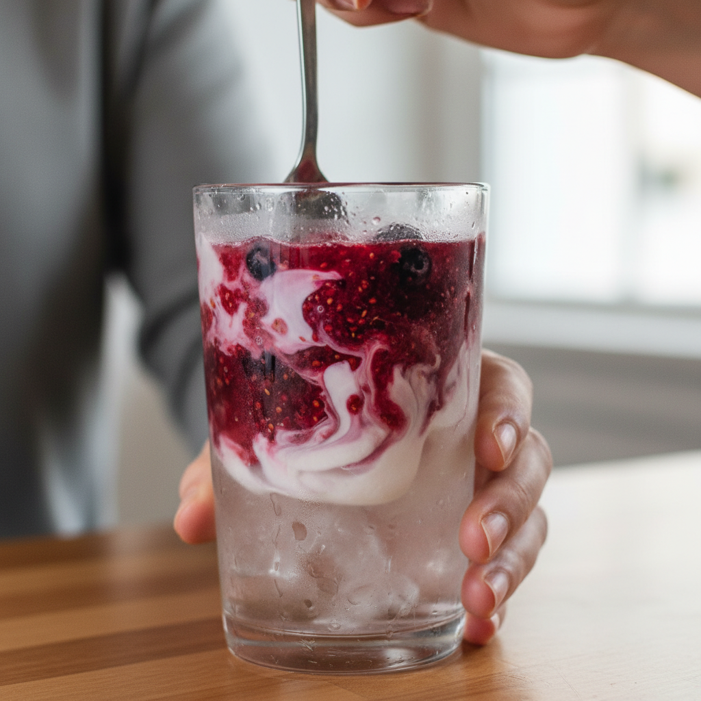 Pouring berry puree and coconut syrup over ice in a glass
