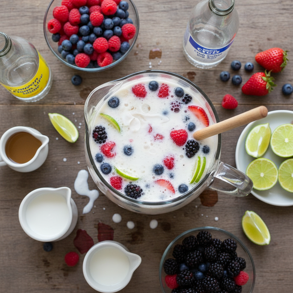 Ingredients for Berry Beach Bash Dirty Soda including berries and syrups