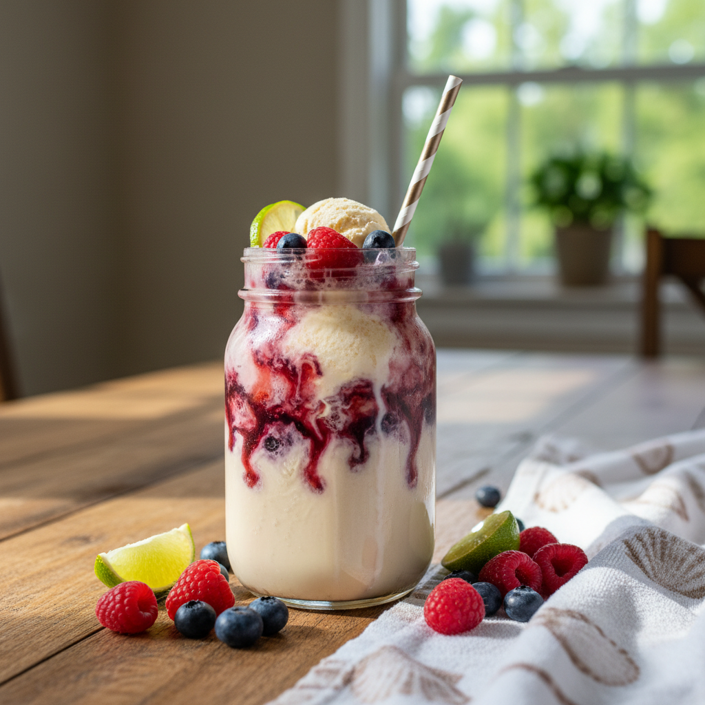Berry Beach Bash Dirty Soda served with berries and lime garnish