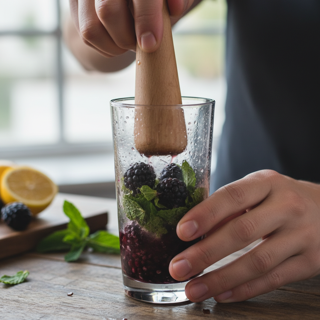 Muddling blackberries and mint in glass