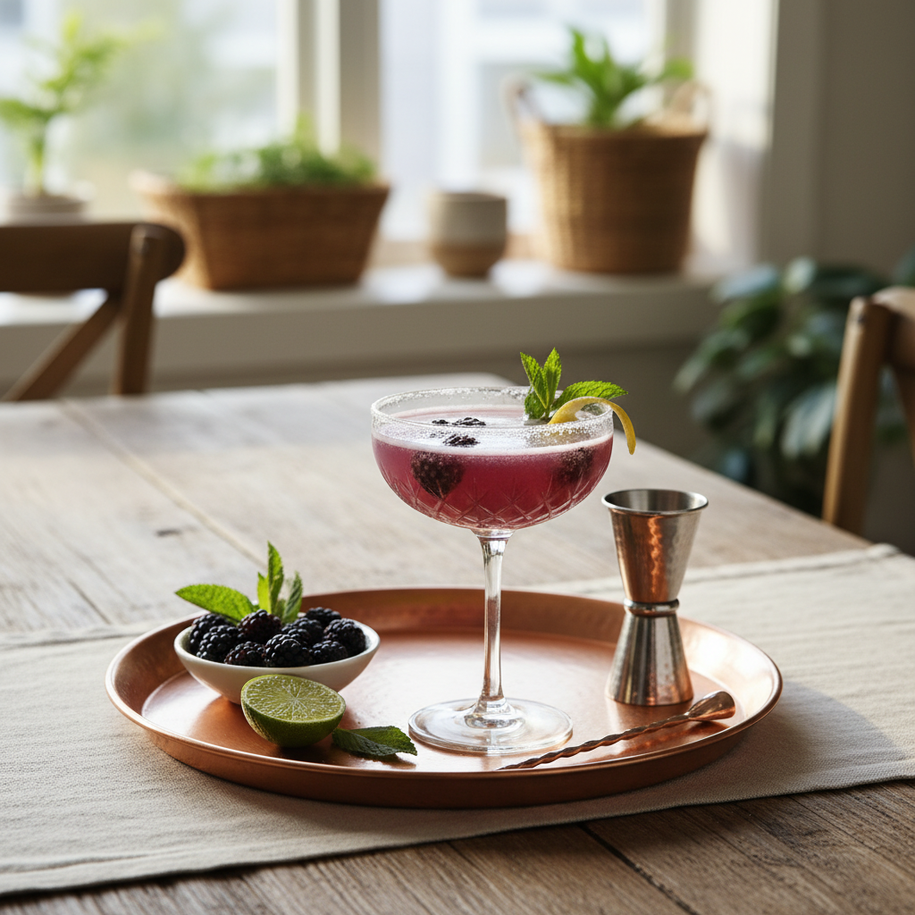 Final Blackberry Champagne Smash cocktail with garnish