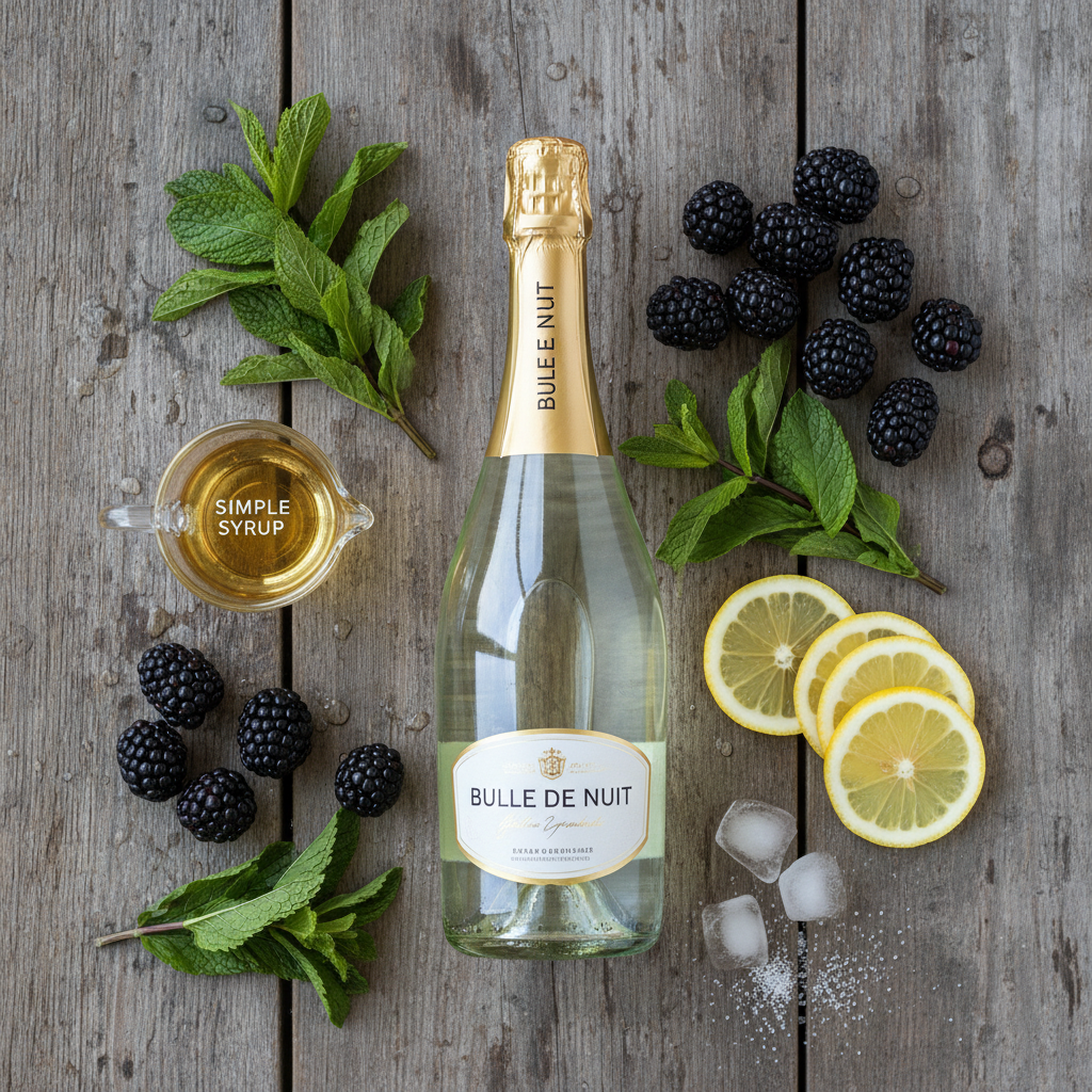 Ingredients for Blackberry Champagne Smash on a clean surface