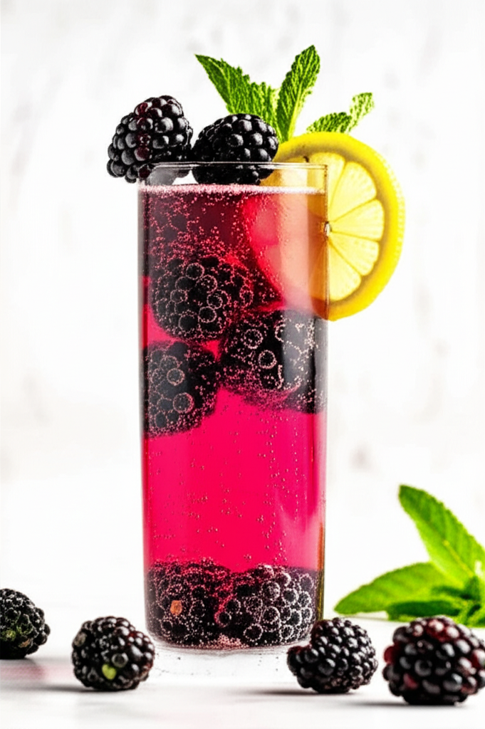 Blackberry Champagne Smash drink in a glass with mint garnish