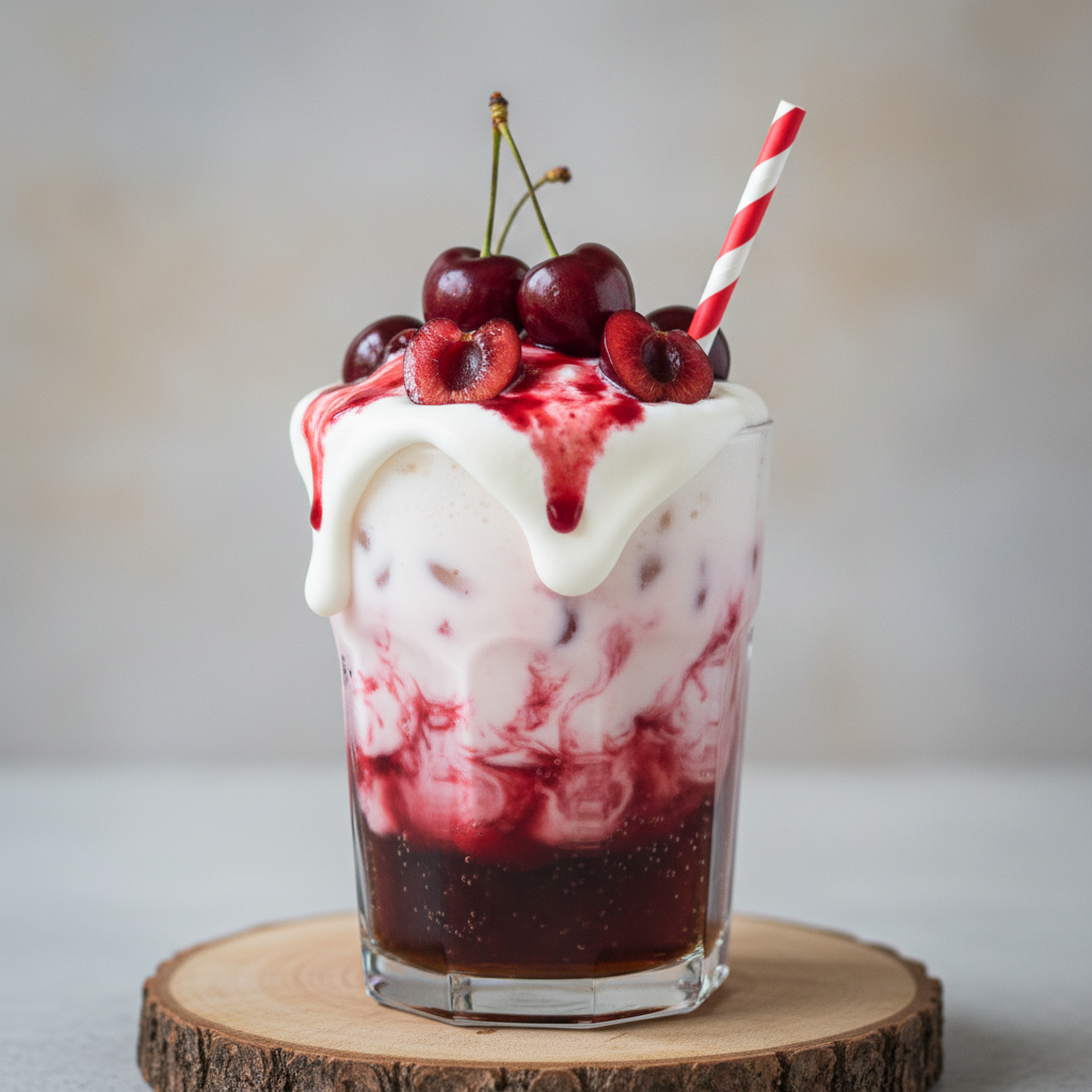 Cherry Avalanche Dirty Soda served with a cherry on top and creamy swirl