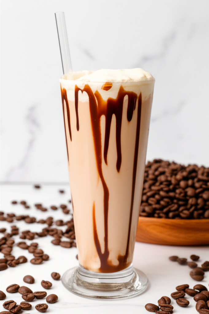 Chocolate coffee milkshake in a tall glass with straw