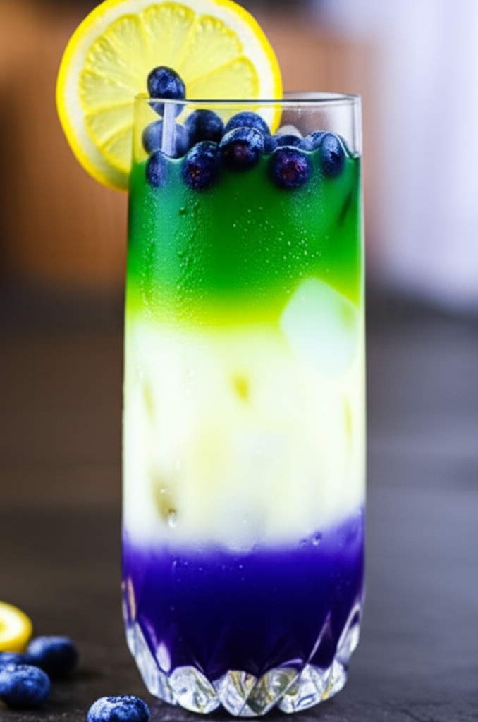 Refreshing Blueberry Lemon Matcha Fizz drink in glass