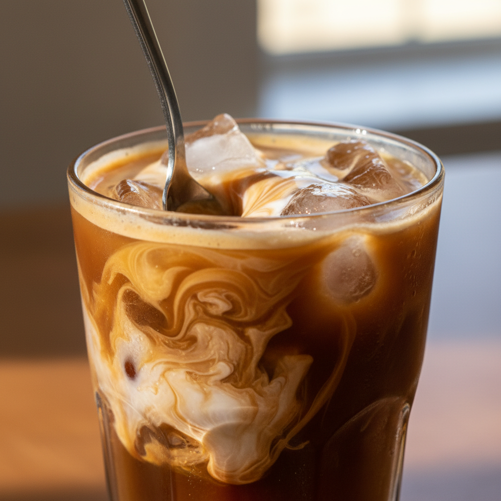 Mixing coconut milk and sweetener in iced coffee