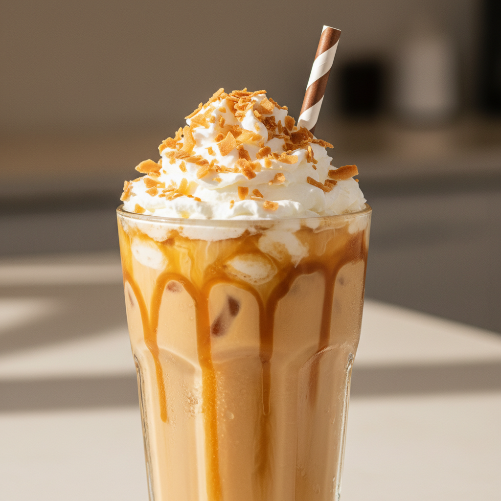 Finished caramel coconut iced coffee with toppings