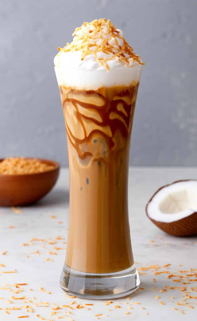 Creamy caramel-y iced coffee with coconut