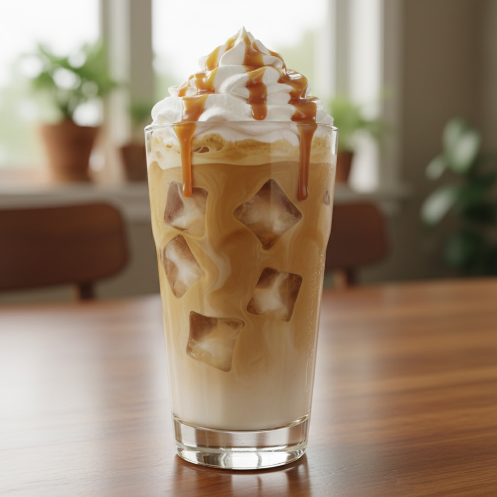 Glass of iced coffee with caramel drizzle and whipped cream