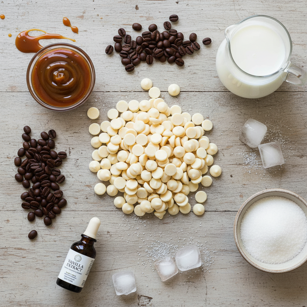 Ingredients for caramel white mocha iced coffee on table