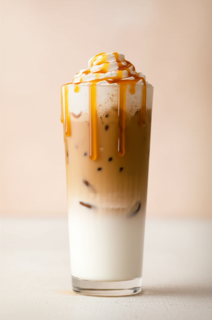 Fancy iced coffee in a glass with caramel drizzle