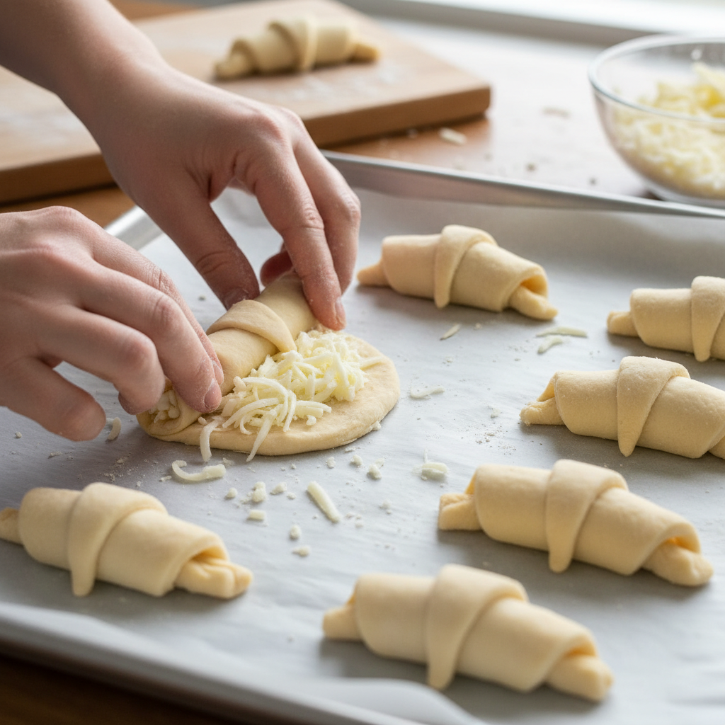 Rolled crescent rolls with cheese ready to bake