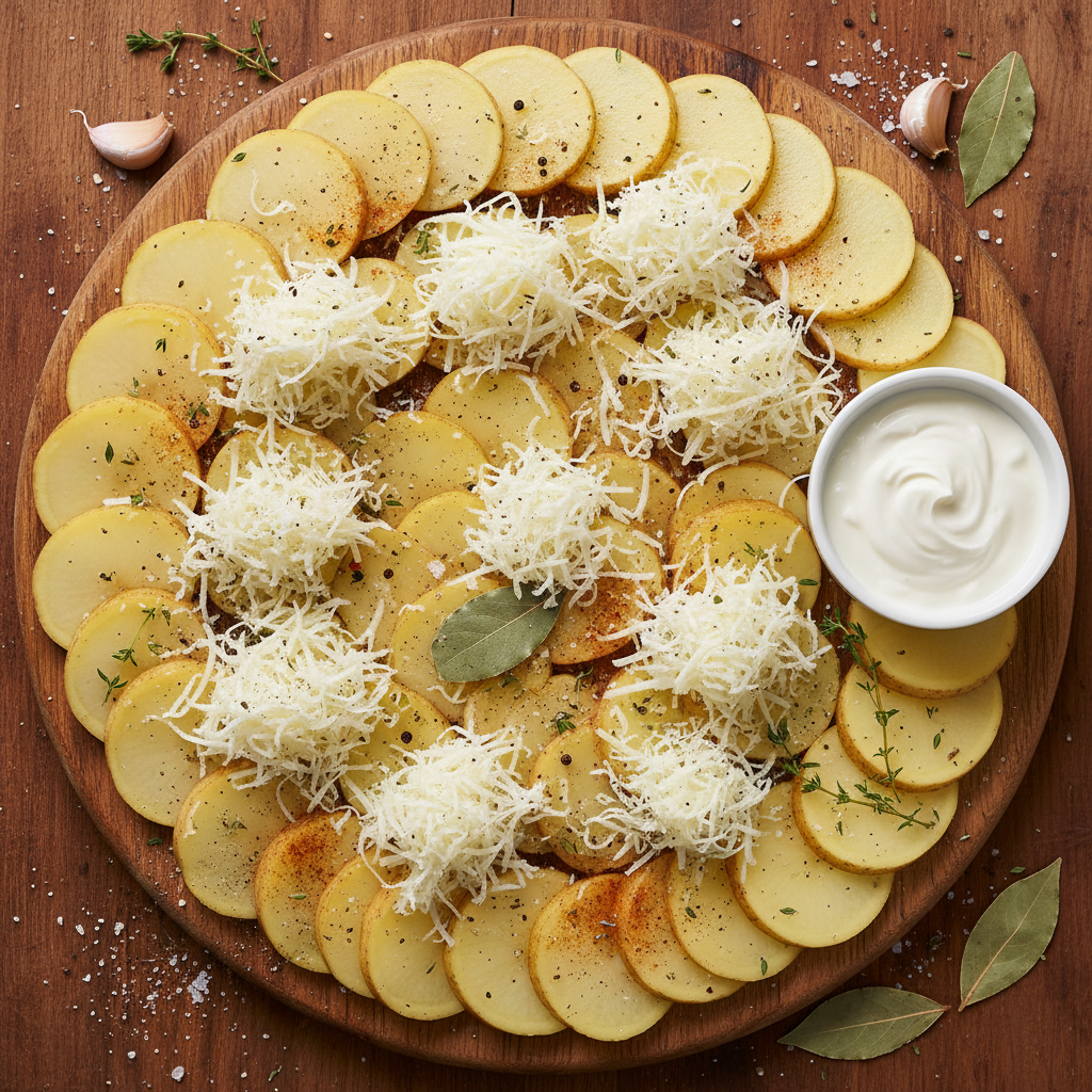 Ingredients for cheesy potato gratin casserole