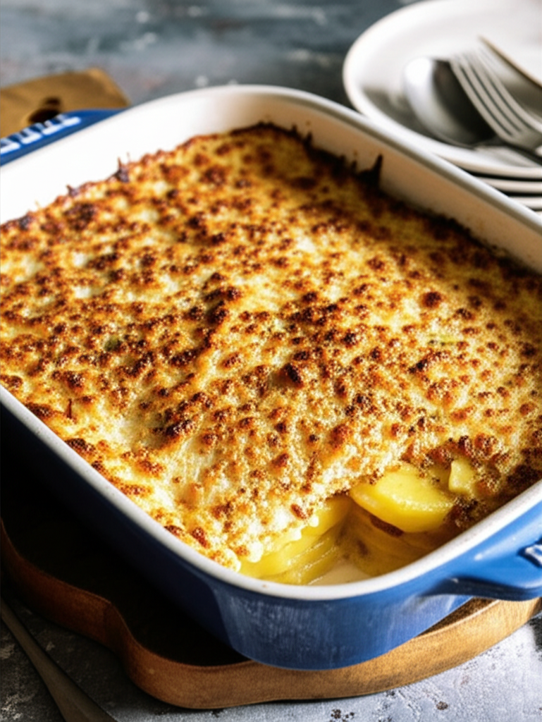 Cheesy Potato Gratin Casserole plated golden top