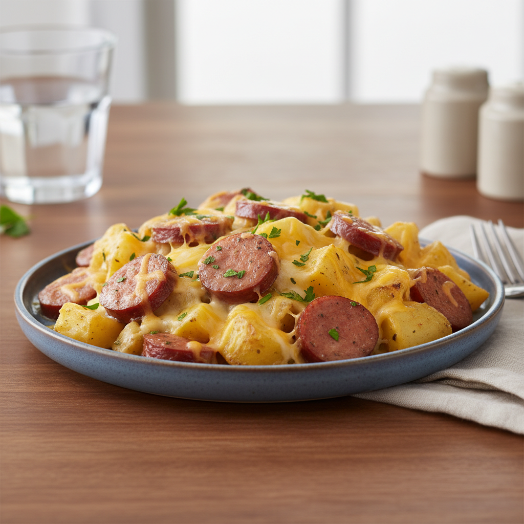 Cheesy Ranch Potatoes with Smoked Sausage ready to serve