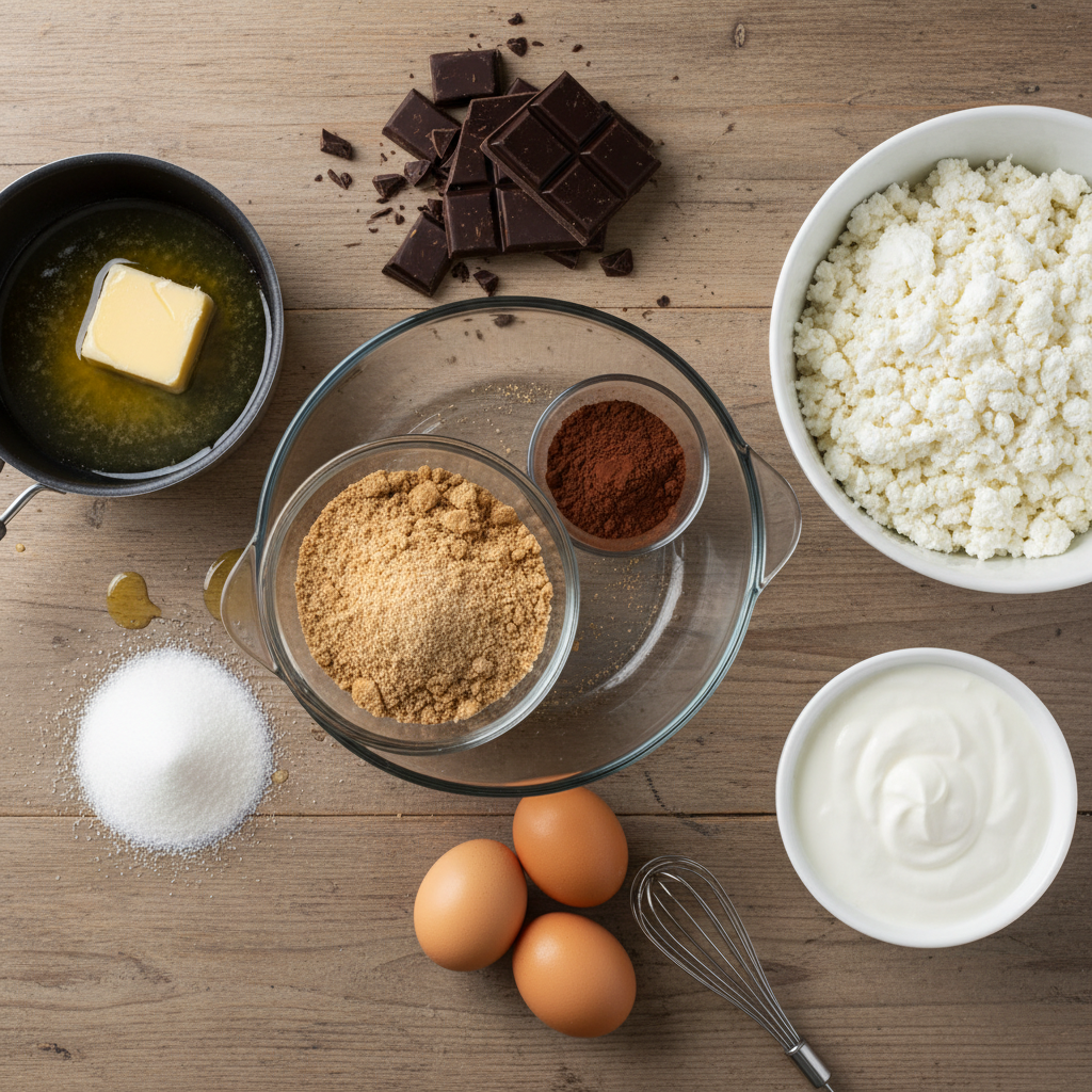 Ingredients and Equipment for Chocolate Cottage Cheese Cheesecake