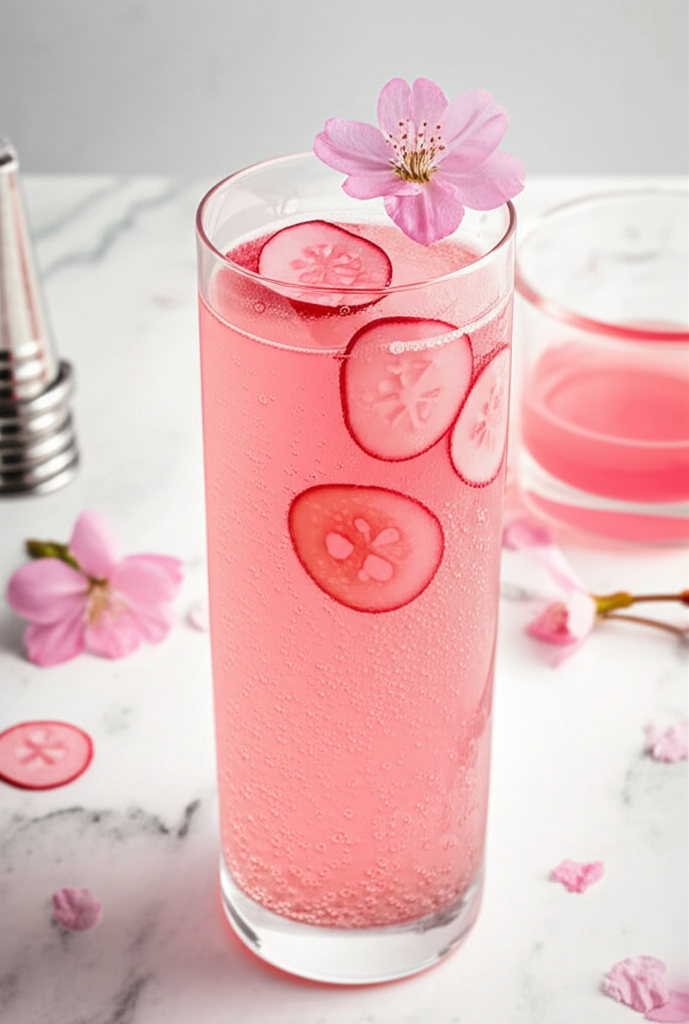 Cherry Blossom Fizz drink in glass with cherry garnish