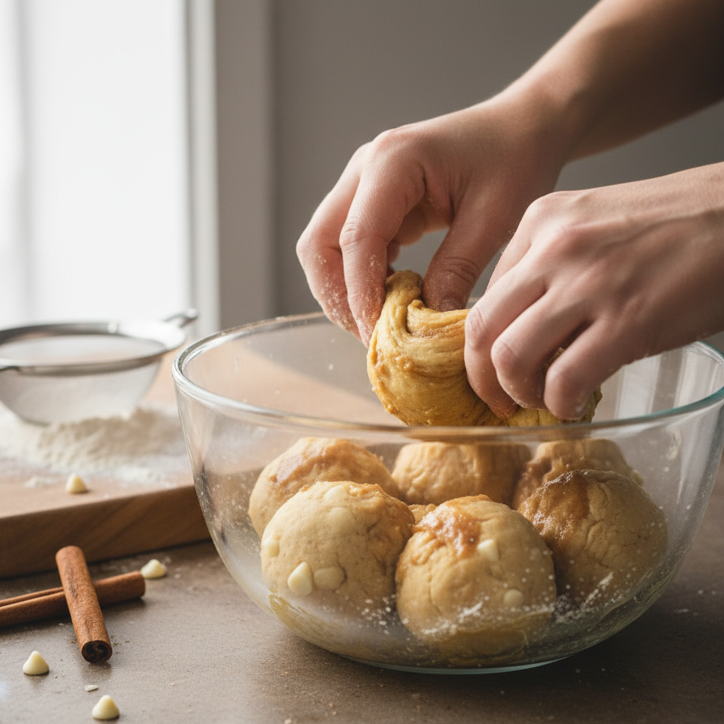 Shaping the cookie dough with cinnamon sugar swirl inside