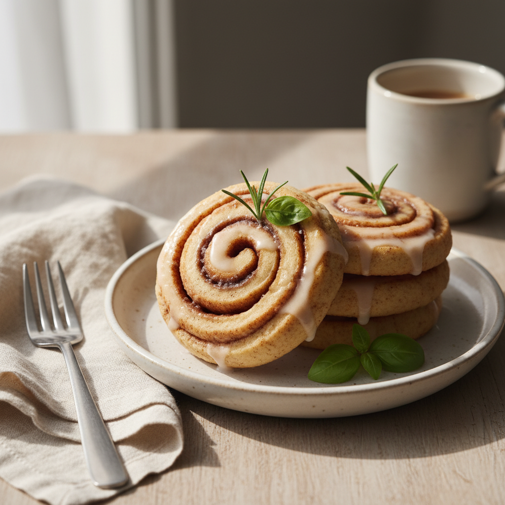 Cinnamon roll sugar cookies served with a glass of cold milk