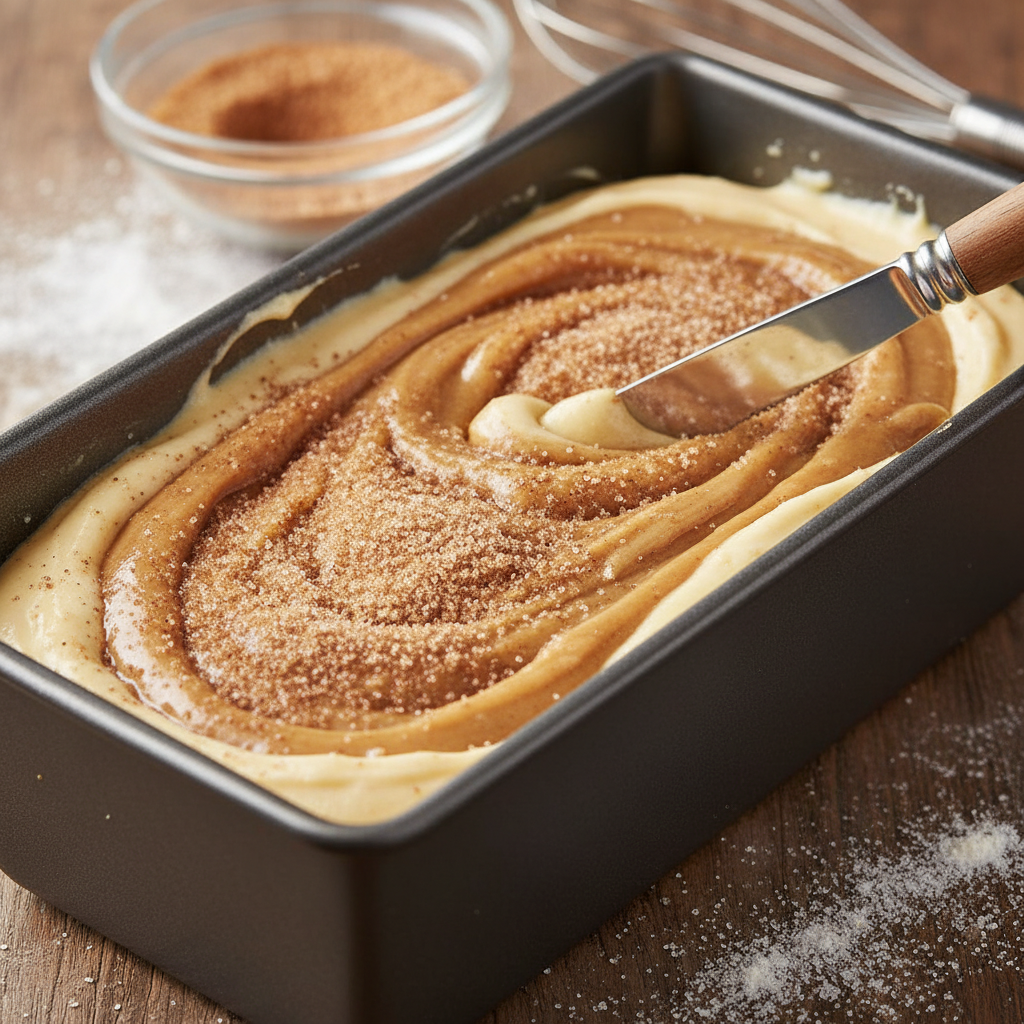 Layering banana bread batter with cinnamon sugar swirl in loaf pan