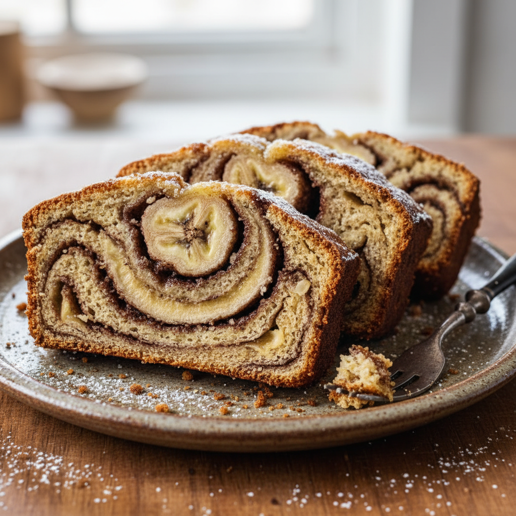 Sliced classic cinnamon swirl banana bread served on a plate