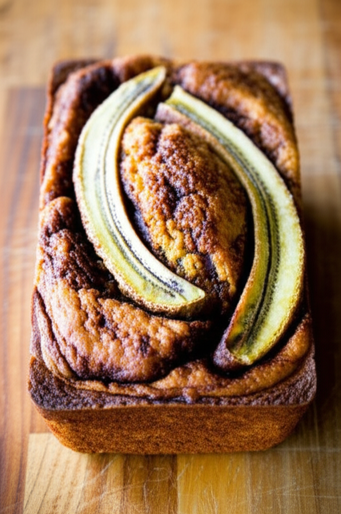 Freshly baked banana bread with a cinnamon swirl on a wooden board
