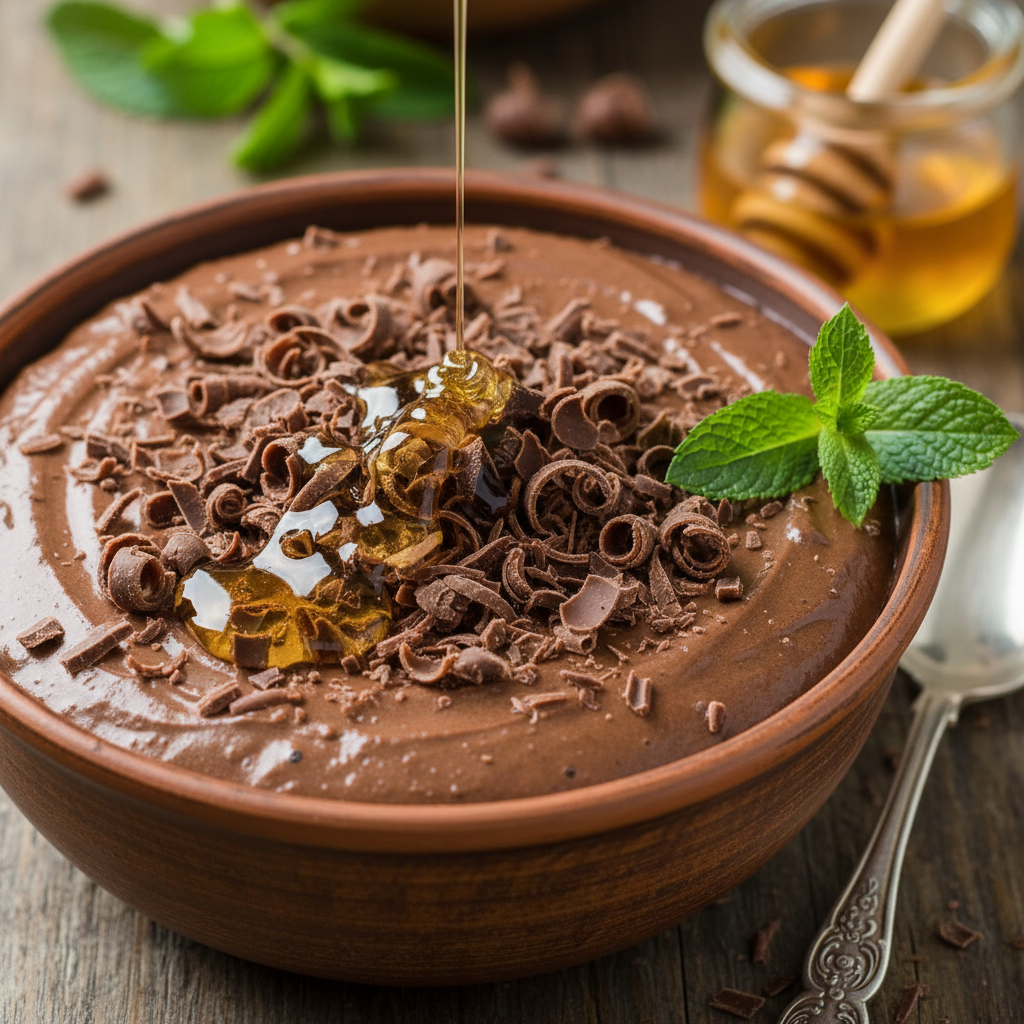 Finished Chocolate Cottage Cheese Pudding served with toppings