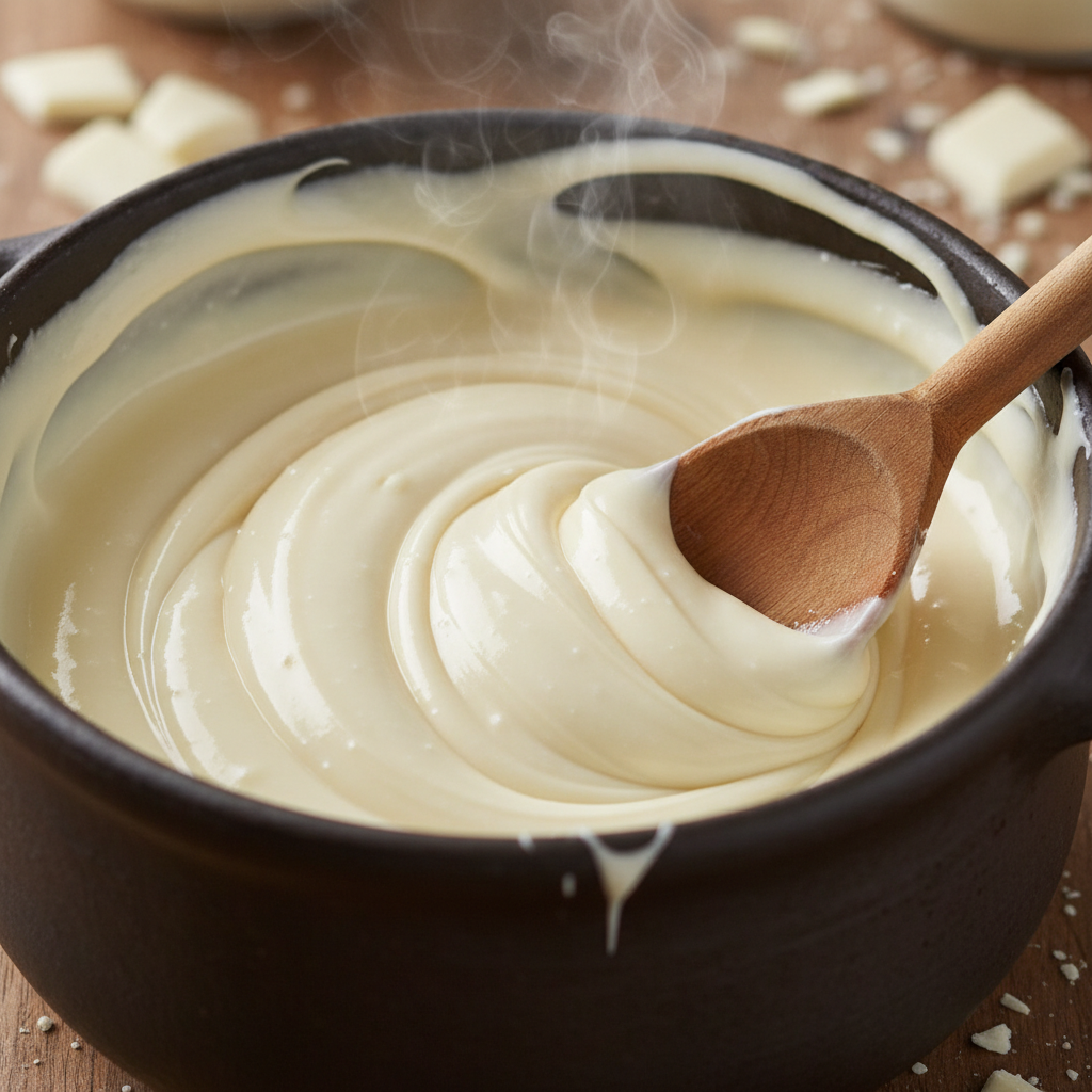 Heating white chocolate mixture in pot