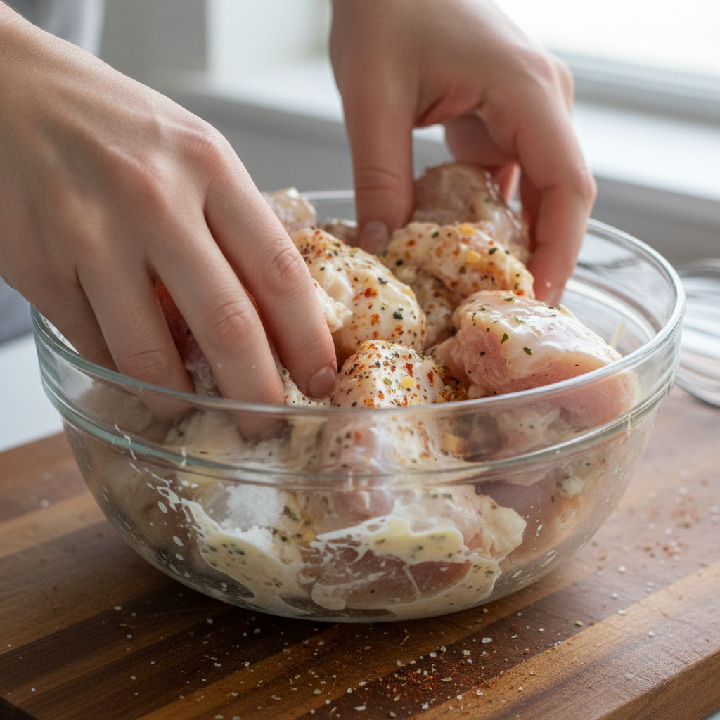 Chicken pieces coated in marinade with egg whites and cornstarch