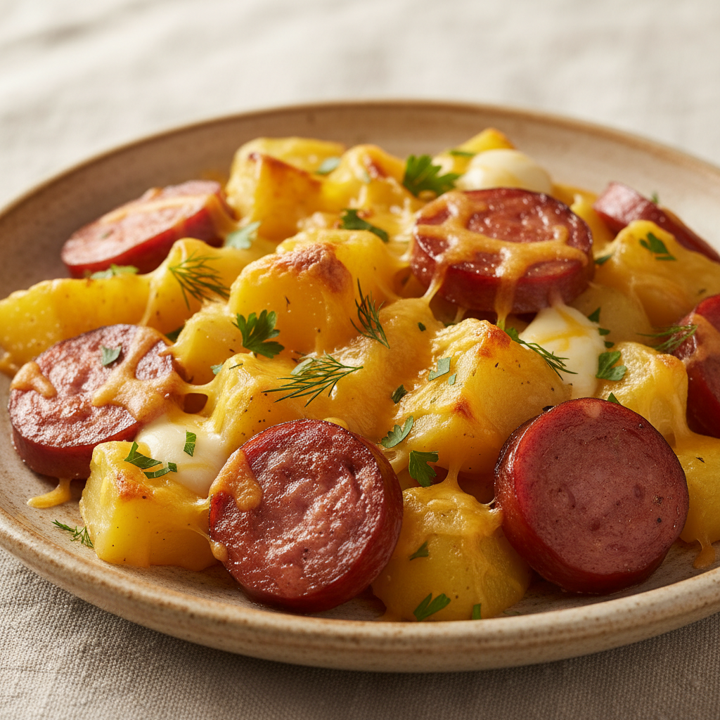 Delicious plated serving of cheesy potatoes with kielbasa