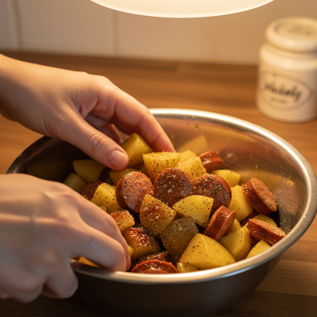 Layering ingredients in crockpot for cheesy potatoes and kielbasa