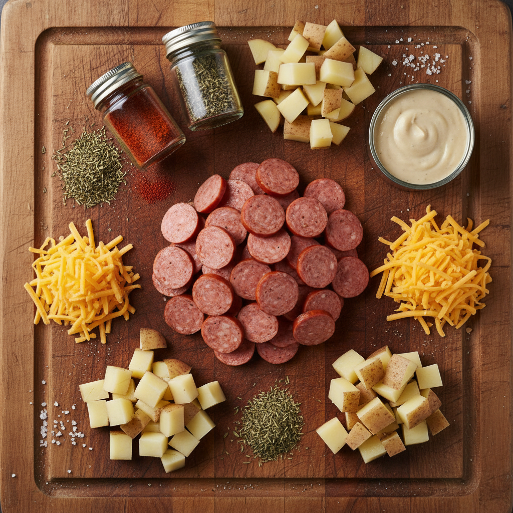 Ingredients laid out for crockpot cheesy potatoes and kielbasa