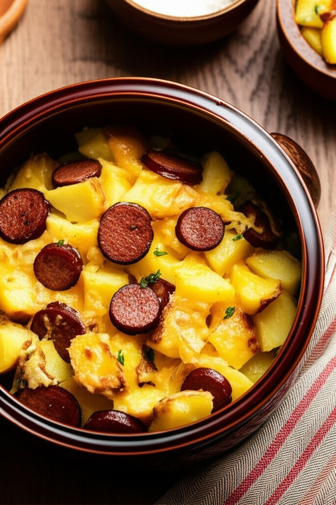 Cheesy potatoes and kielbasa slow cooking in crockpot