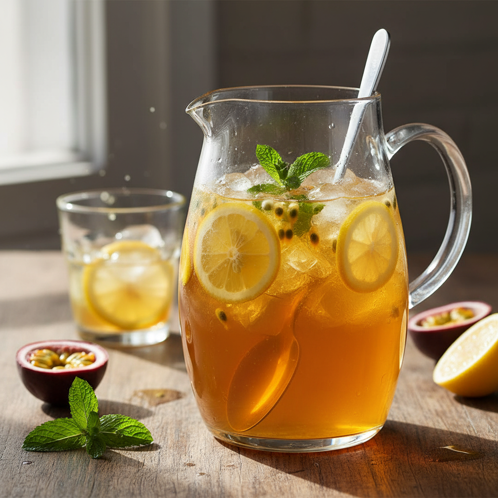 Glass of passion fruit tea with mint garnish