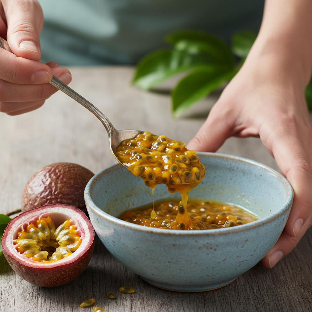 Cut passion fruits and scooping pulp