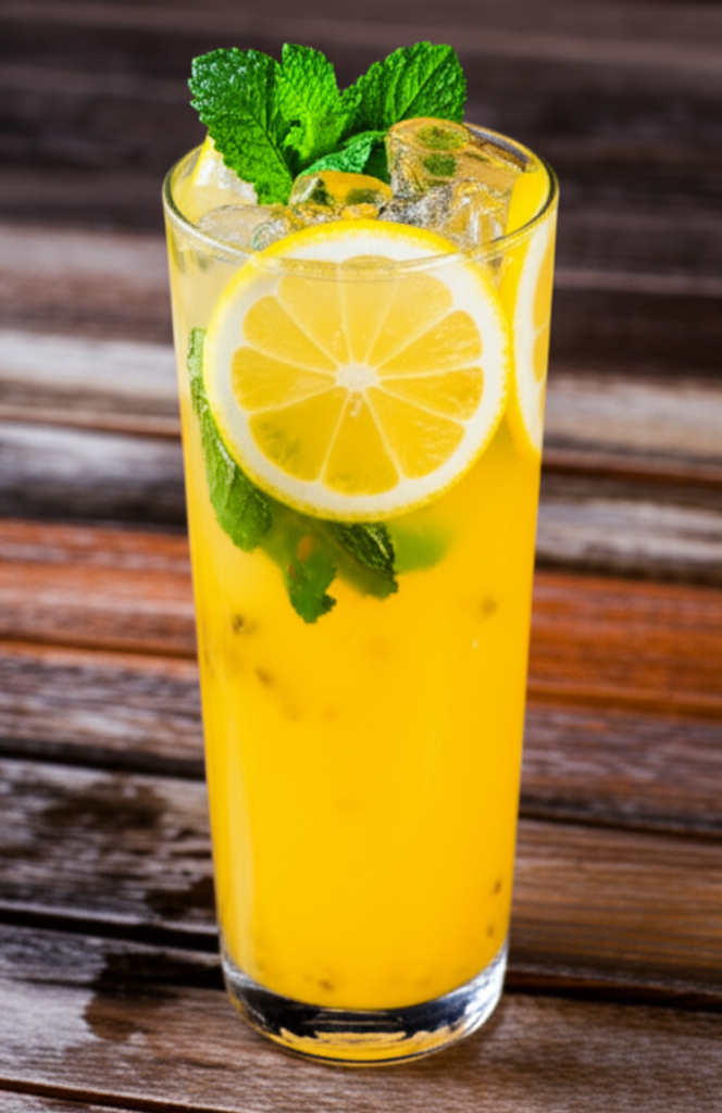 Refreshing passion fruit tea in a glass with fruit
