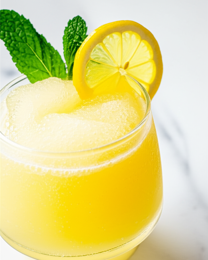 Frozen Lemon Daiquiri in glass with lemon slice