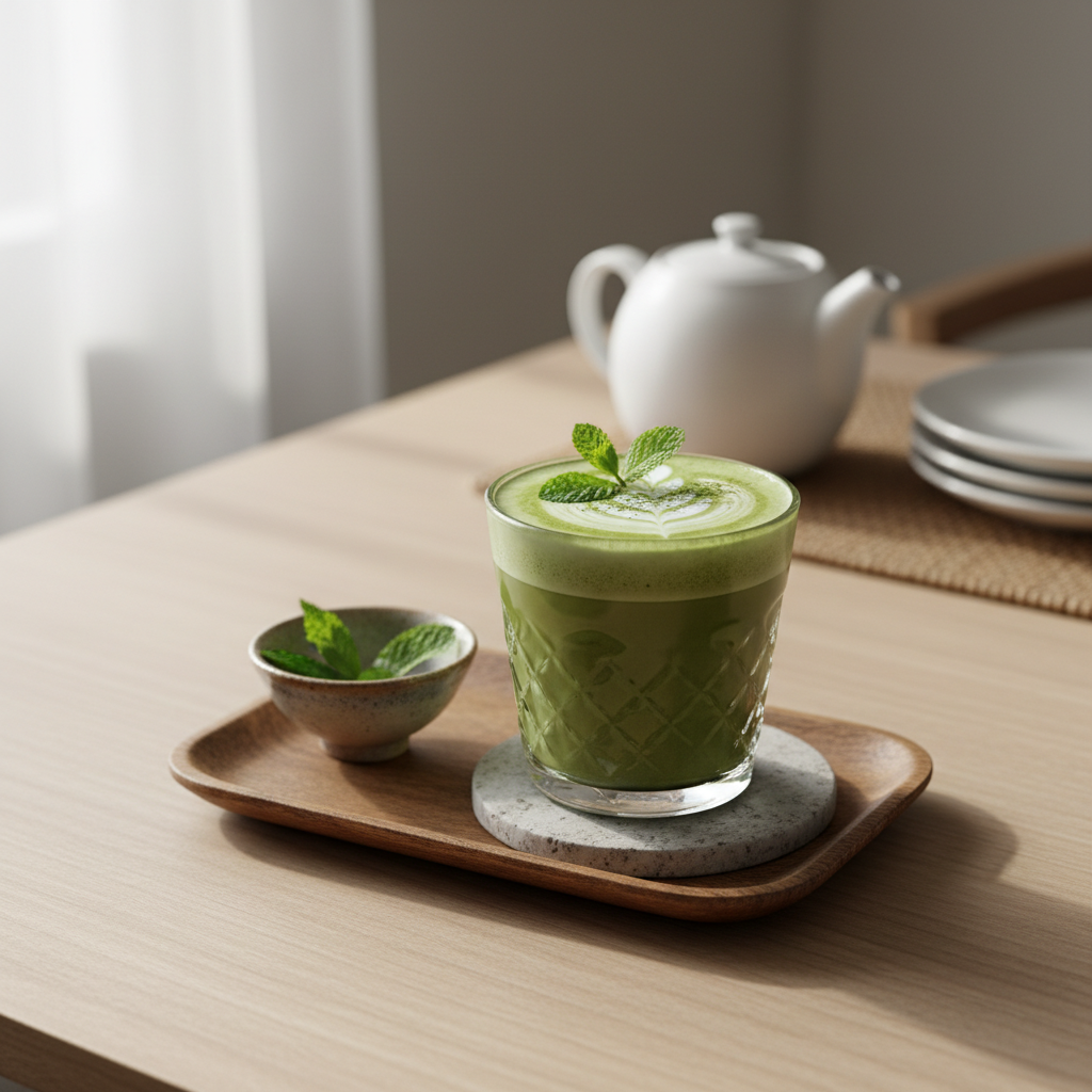 Refreshing green matcha beverage on wooden table