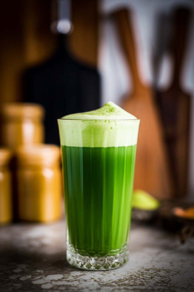 Assortment of colorful matcha drinks on table
