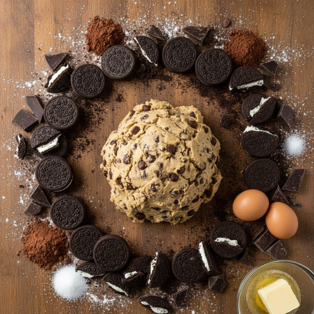 Ingredients for Cookie Dough Slutty Brownies displayed on a kitchen counter
