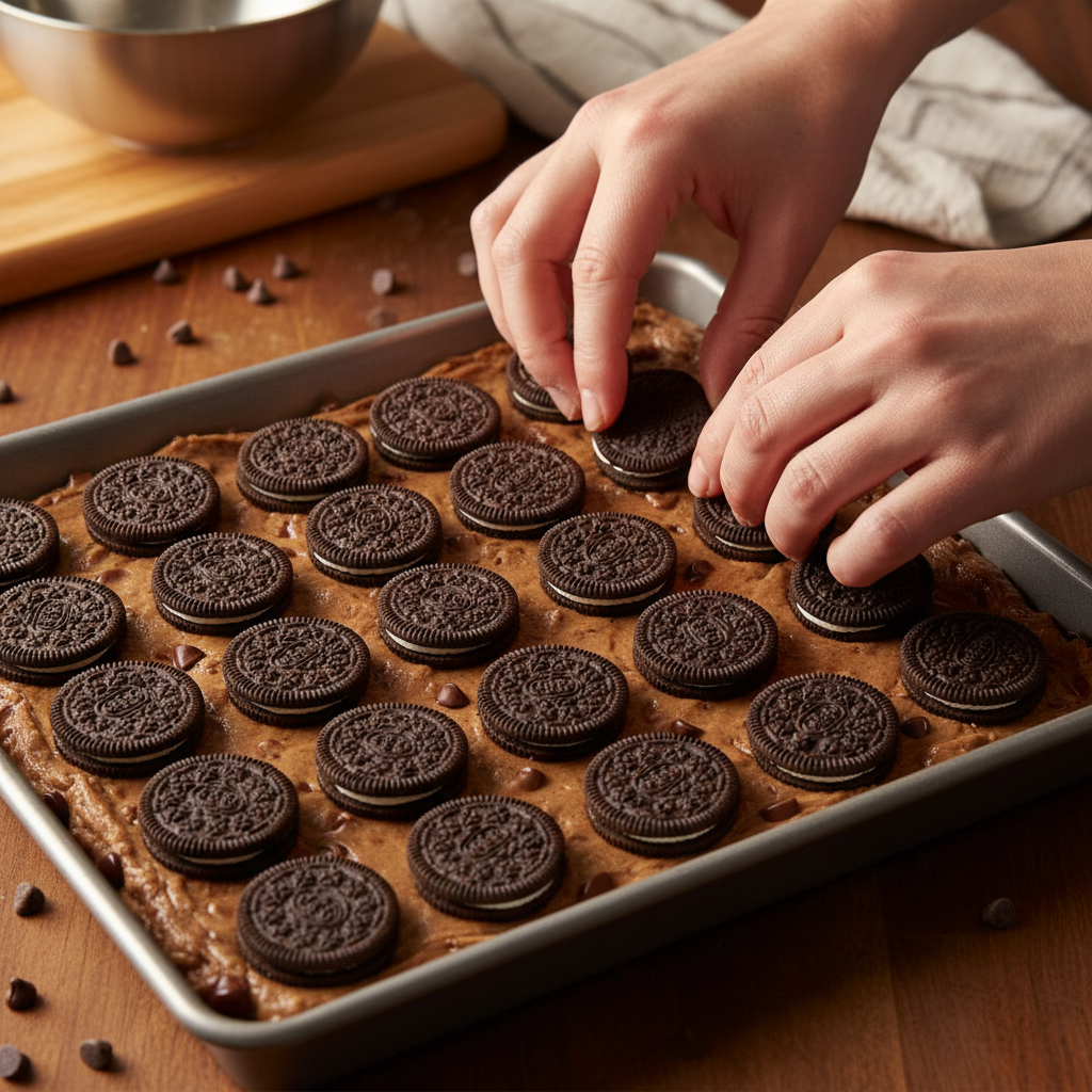 Oreo cookie layer added on top of cookie dough layer in baking pan