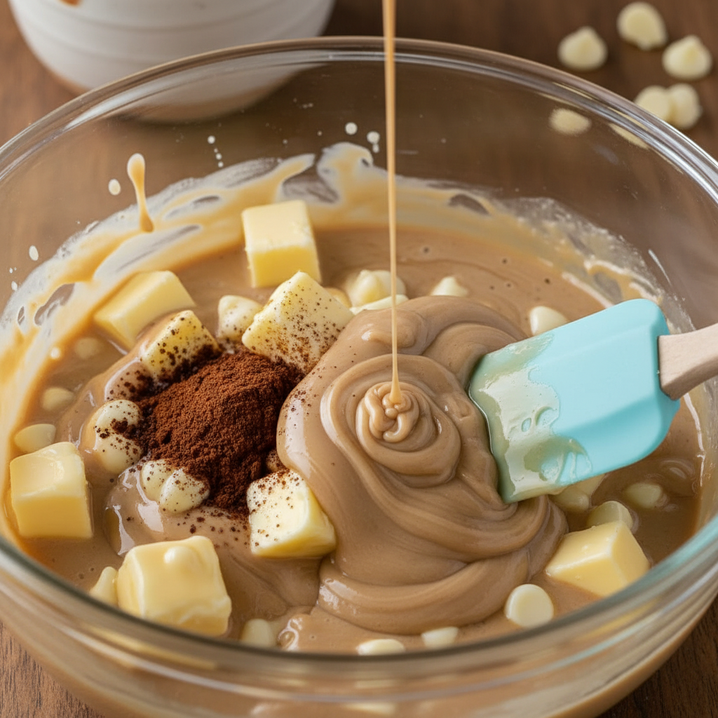 Mixing white chocolate with espresso and condensed milk